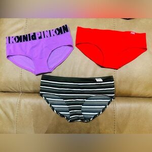 PINK Victoria's Secret Lavender, Red and Black Striped Hipster Panty Trio